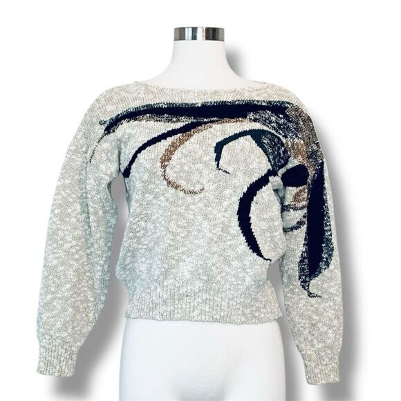 Vintage Tan Cream Appliqué Sweater Medium Floral Indie Cottage Knit Boat - Picture 2 of 6